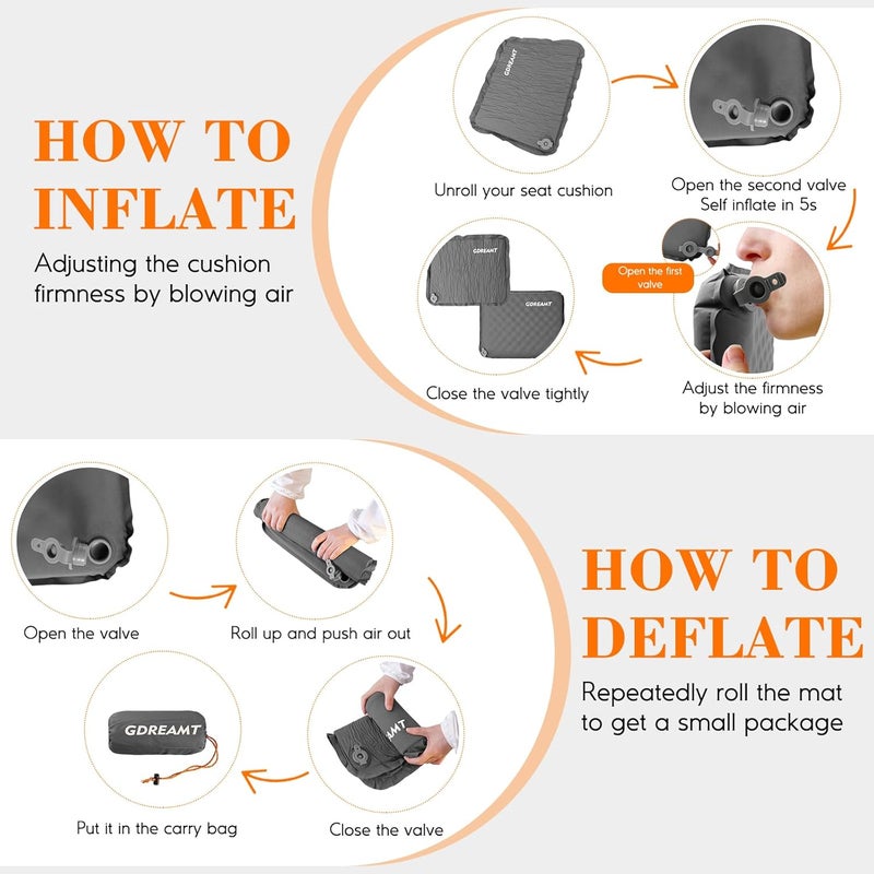 GDREAMT Inflatable Seat Cushion, Self-Inflating Memory Foam Stadium Seats Cushion Portable Camping Air-Foam Sitting Pad for Travel Airplane Car Bleachers Backpacking Office, Lightweight & Compact - Image 5